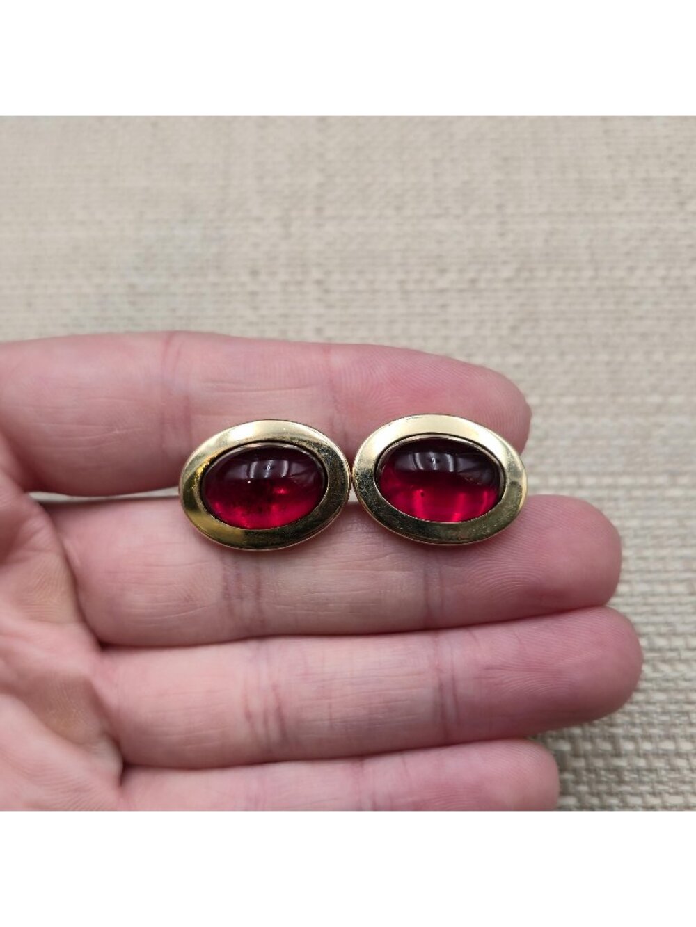 Vintage Oval Red Faux Ruby Jelly Belly Cabochon Bezel Set Cufflinks A8937